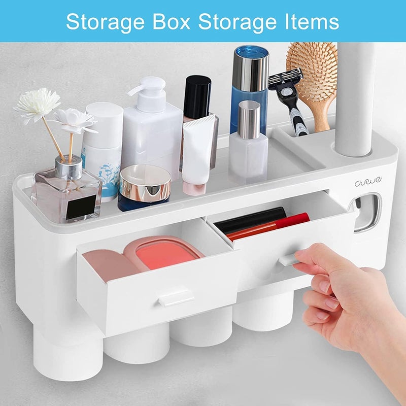 UREVO Toothbrush Holders Set for Bathrooms, 4 Cups Toothbrush Holder Wall Mounted with Toothpaste Dispenser - Large Capacity Tray, 2 Cosmetic Drawer - Bathroom Organizer & Bathroom Accessories - White - Image 4