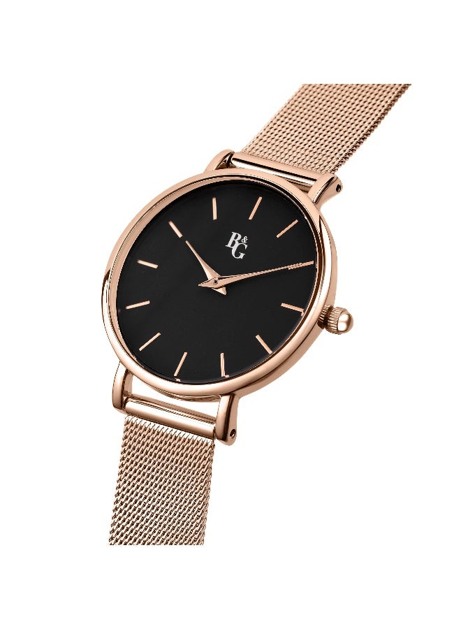 B&G Women's Black Round Analog Dial with Gold Metal Band Watch - 34mm - R3853252541 - Image 2