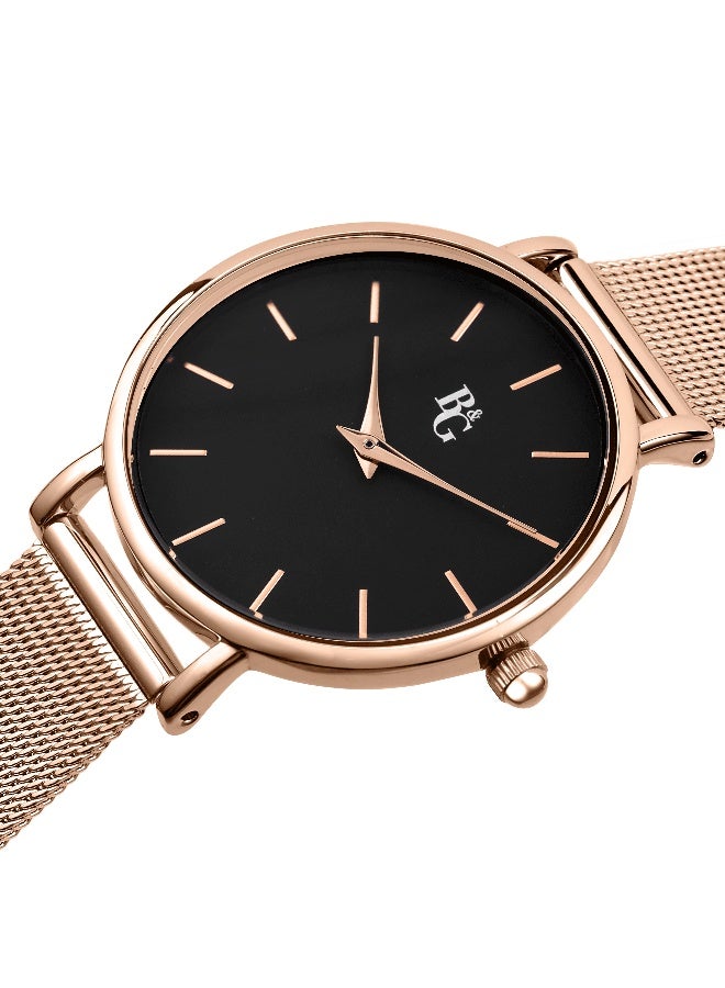 B&G Women's Black Round Analog Dial with Gold Metal Band Watch - 34mm - R3853252541 - Image 3