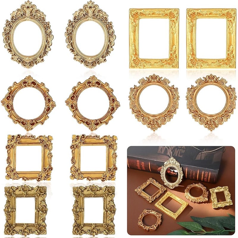 Tyqour 12PCS Mini Gold Picture Frames Vintage Small Antique Resin Picture Frames Oval Rectangle Wall Hanging Display Table Frame for DIY Jewelry  Holiday Party Hotel Decor - Image 1