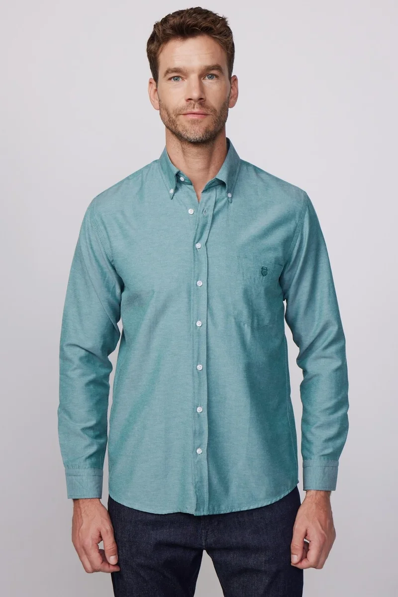Tudors Classic Fit Oxford Textured Collar Buttoned Pocket Embroidered Green Men's Shirt