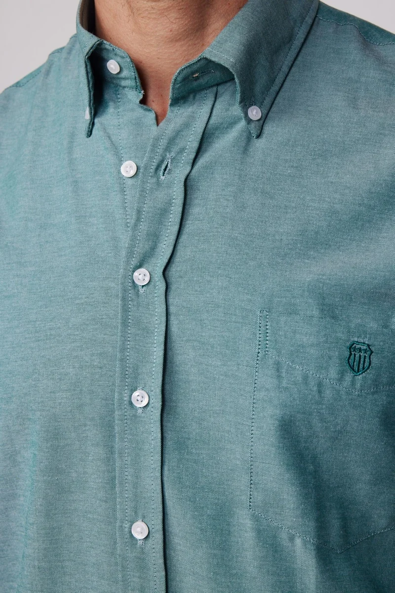 Tudors Classic Fit Oxford Textured Collar Buttoned Pocket Embroidered Green Men's Shirt