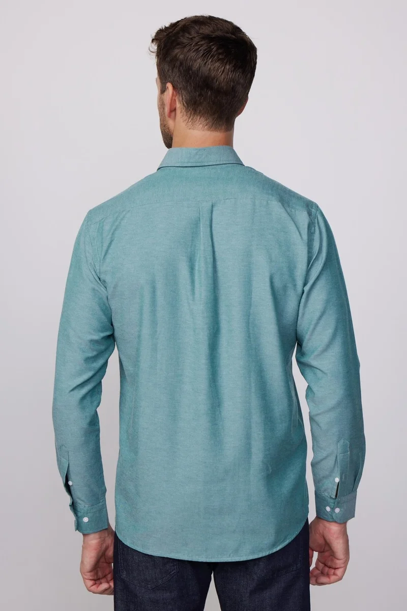 Tudors Classic Fit Oxford Textured Collar Buttoned Pocket Embroidered Green Men's Shirt