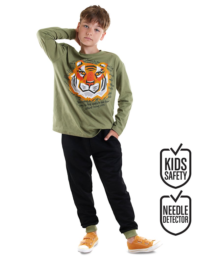 Denokids Tiger Boy Khaki T-shirt Pants Set - Image 1