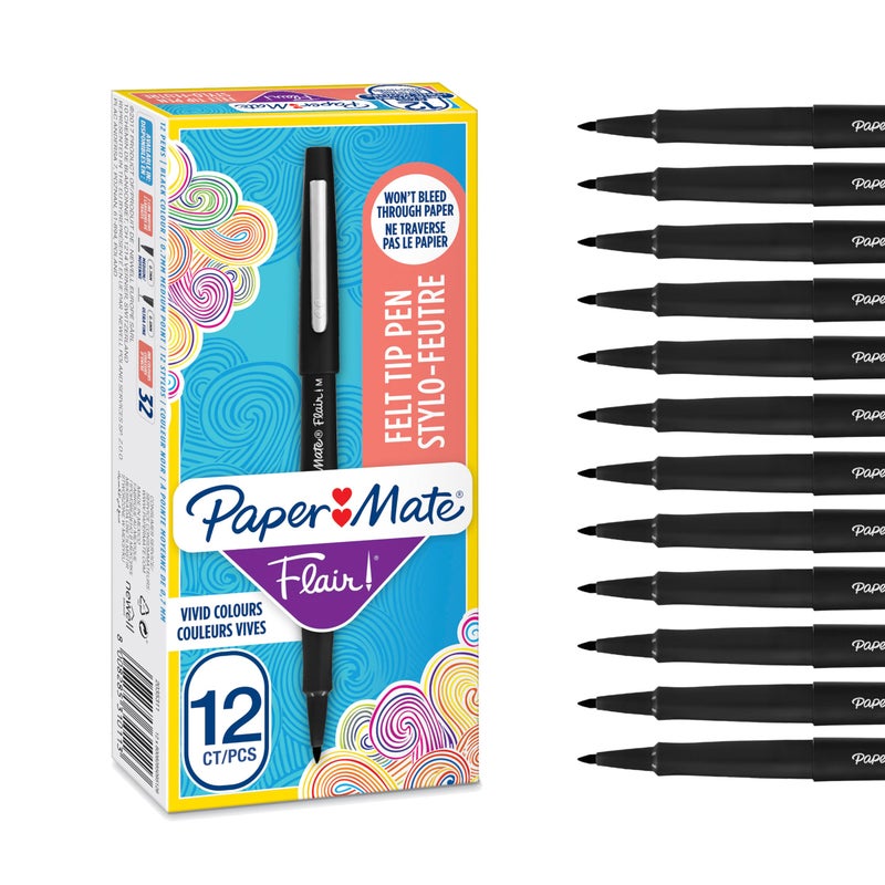 Paper Mate قلم بيبر ميت فليير، رأس متوسط 0.7 مم، أسود، علبة من 12 - Image 1
