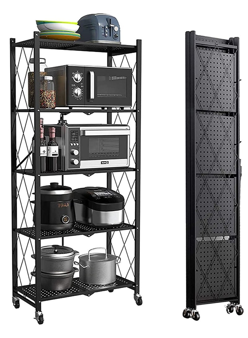 DubaiGallery 5 Tier Foldable Bookshelf Metal Storage Shelves with Wheels No Assembly Kitchen Garage Pantry Organization for Living Room Study Greenhouse - Image 1