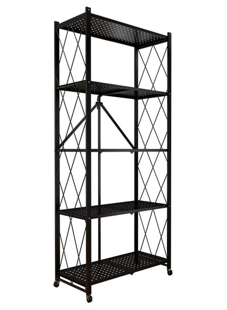 DubaiGallery 5 Tier Foldable Bookshelf Metal Storage Shelves with Wheels No Assembly Kitchen Garage Pantry Organization for Living Room Study Greenhouse - Image 2