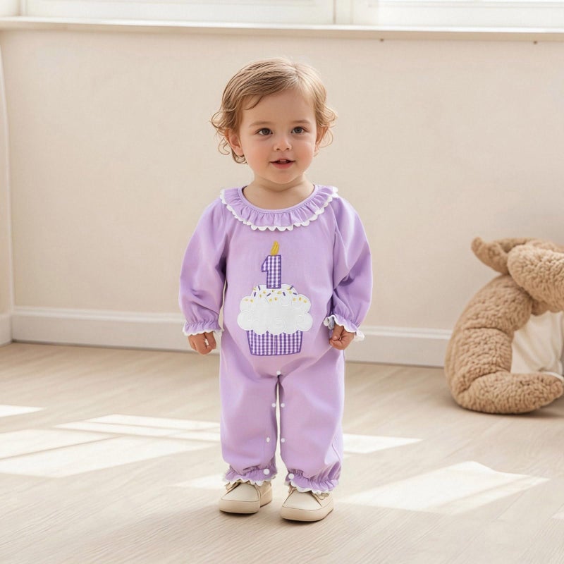 GOOCHEER First Birthday Baby Girl Outfit Fall 1 Cake Embroidery Ruffle Long Sleeve Romper Jumpsuit Cake Smash Clothes (Purple, 12-18 Months) - Image 2