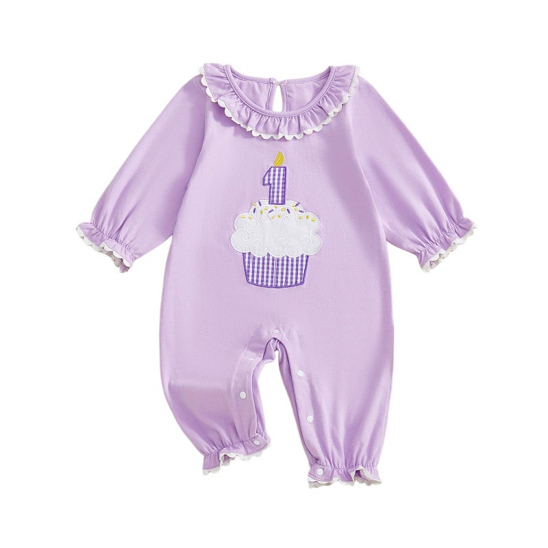 GOOCHEER First Birthday Baby Girl Outfit Fall 1 Cake Embroidery Ruffle Long Sleeve Romper Jumpsuit Cake Smash Clothes (Purple, 12-18 Months) - Image 1
