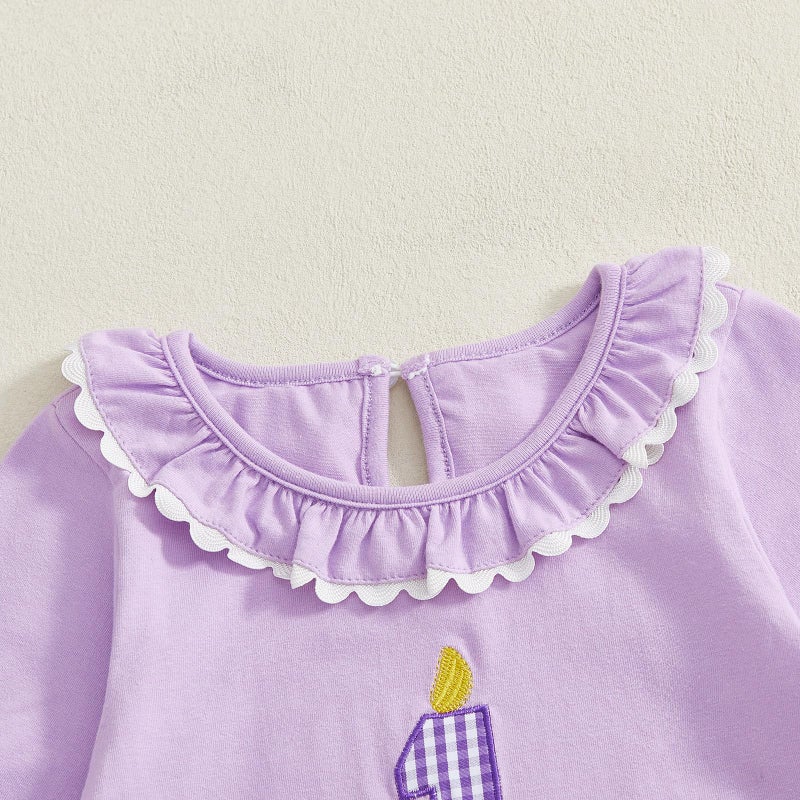 GOOCHEER First Birthday Baby Girl Outfit Fall 1 Cake Embroidery Ruffle Long Sleeve Romper Jumpsuit Cake Smash Clothes (Purple, 12-18 Months) - Image 3
