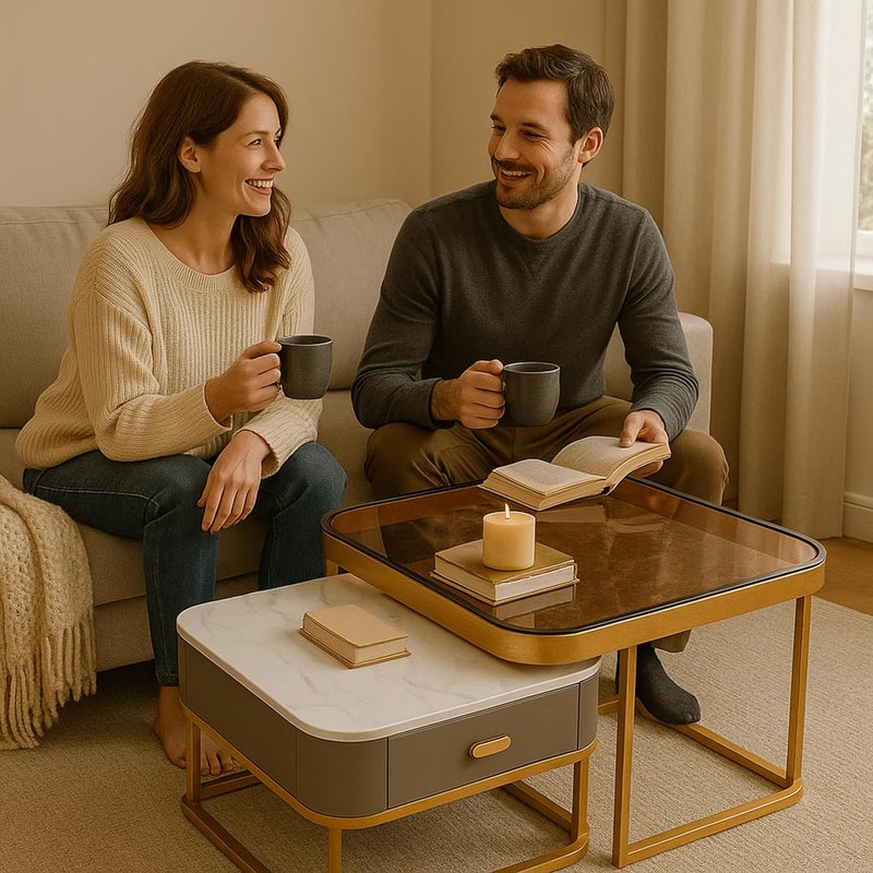 Harmony Home Luxury Nesting Coffee Table Set with Brown Glass Top & Golden Metal Frame | Modern Living Room Centre & Side Tables with Grey Drawer Cabinet | Space-Saving Accent Furniture - Image 3