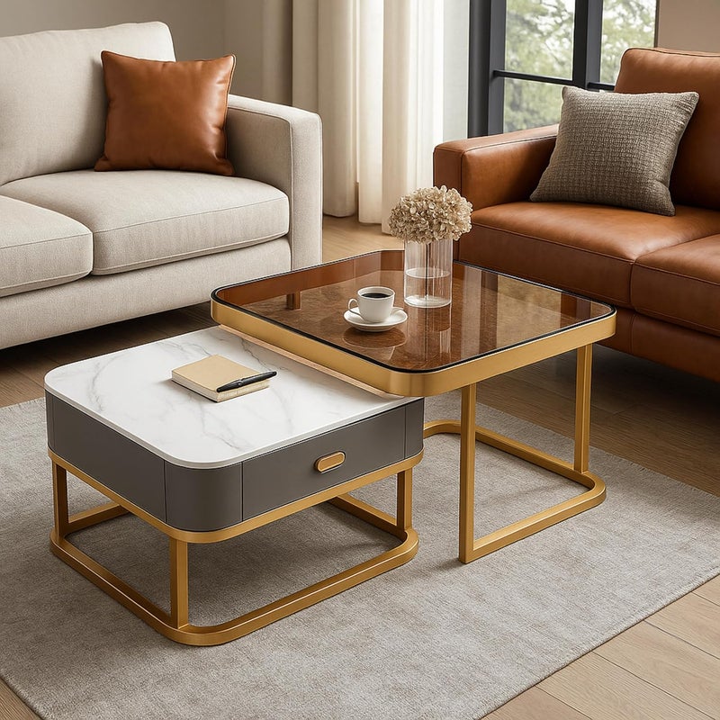 Harmony Home Luxury Nesting Coffee Table Set with Brown Glass Top & Golden Metal Frame | Modern Living Room Centre & Side Tables with Grey Drawer Cabinet | Space-Saving Accent Furniture - Image 2