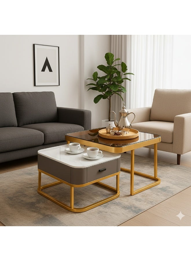 Harmony Home Luxury Nesting Coffee Table Set with Brown Glass Top & Golden Metal Frame | Modern Living Room Centre & Side Tables with Grey Drawer Cabinet | Space-Saving Accent Furniture - Image 4