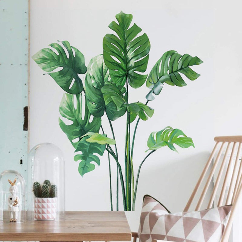 Monstera Leaf Tropical Plants Wall Stickers for Living Room Palm Leaf Wall Posters Natural Green Plants Art Murals Vinyl Wallpaper for Bedroom Nursery Office