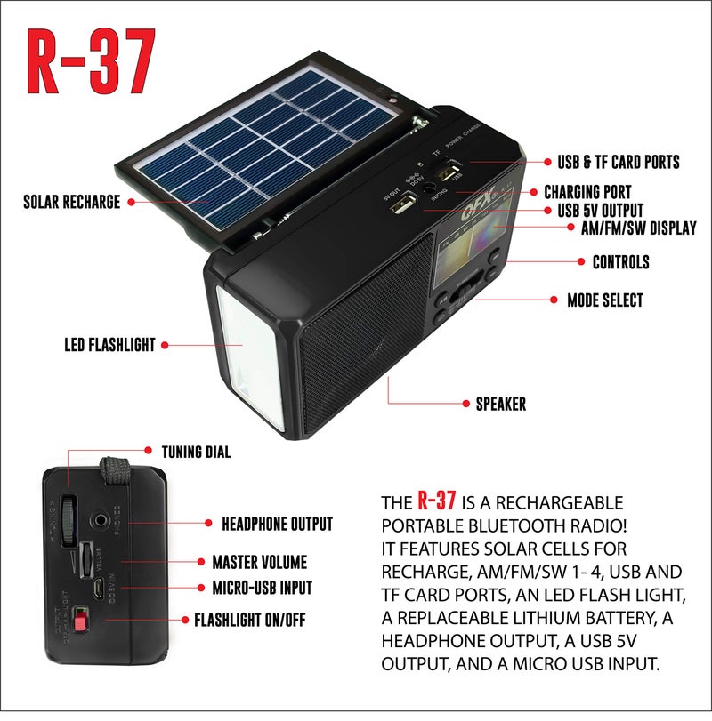 QFX R-37 6-Band (AM, FM, SW1 - SW4) Bluetooth LED Flashlight Solar Radio (2021 Model) - Image 3