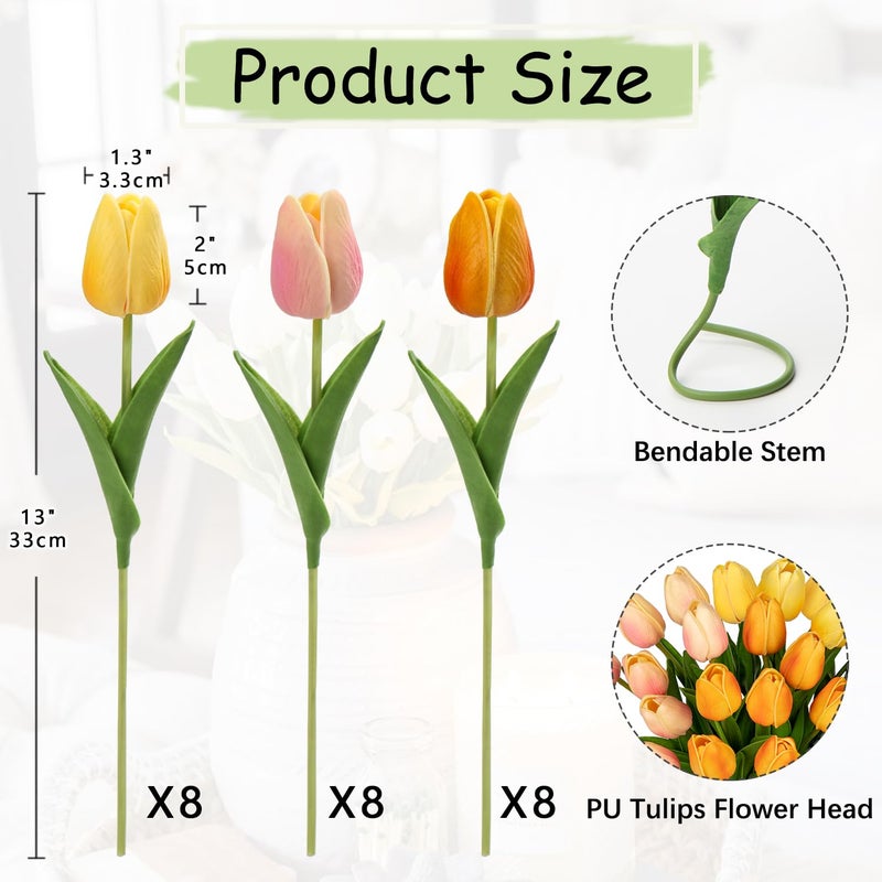 DILATATA 24 Pcs Artificial Tulips Flowers Mixcolor Real Touch Fake Tulips Fake Flowers for Mother's Day 13.5"" Faux Tulips Faux Flowers Bulk Artificial Tulips Flowers for Vase Centerpieces Home Wedding Bouquet - Image 2