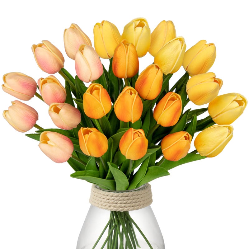 DILATATA 24 Pcs Artificial Tulips Flowers Mixcolor Real Touch Fake Tulips Fake Flowers for Mother's Day 13.5"" Faux Tulips Faux Flowers Bulk Artificial Tulips Flowers for Vase Centerpieces Home Wedding Bouquet - Image 1