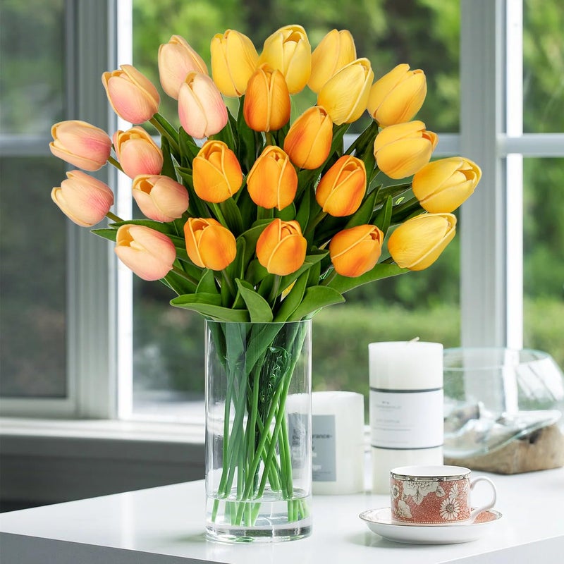 DILATATA 24 Pcs Artificial Tulips Flowers Mixcolor Real Touch Fake Tulips Fake Flowers for Mother's Day 13.5"" Faux Tulips Faux Flowers Bulk Artificial Tulips Flowers for Vase Centerpieces Home Wedding Bouquet - Image 4
