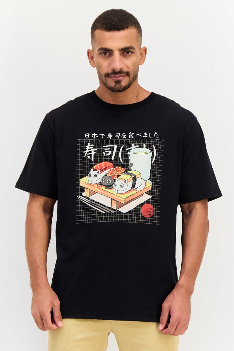 YOTO تي شيرت رجالي بقصة مريحة بأكمام قصيرة وطباعة جرافيك، أسود - Image 1