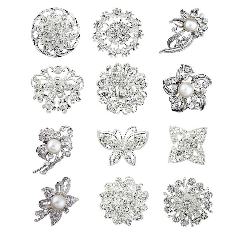 Ezing 12pcs lot silver plated crystal rhinestone wedding brooches pins - Image 1