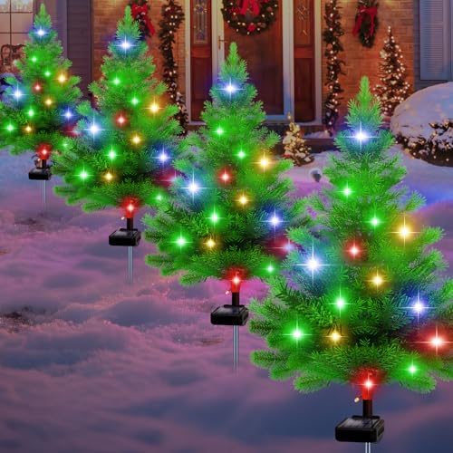 yeuago Solar Christmas Tree Lights4 Pack Multiple Outdoor Christmas Decorations Waterproof Outdoor Xmas Decor Tree Lights for Pathway Patio Yard Garden - Image 1