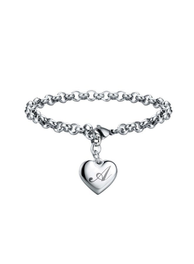 SANNYRA Initial Charm Bracelets Stainless Steel Heart 26 Letters Alphabet A Bracelet for Women Valentine's Day Gifts, No Size, Stainless Steel - Image 1