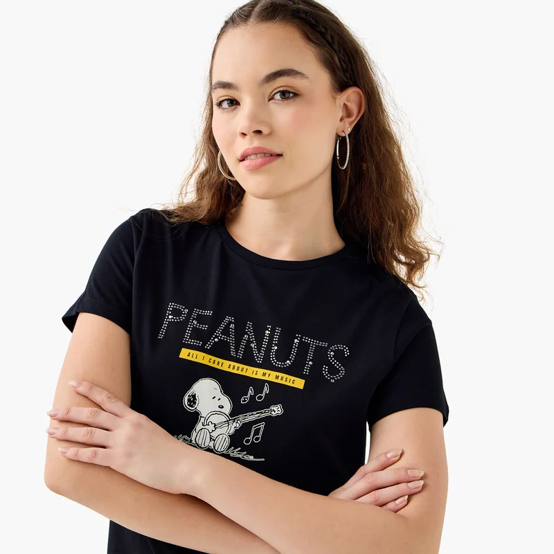 SP Characters Snoopy Embellished Print T-shirt with Crew Neck and Short Sleeves