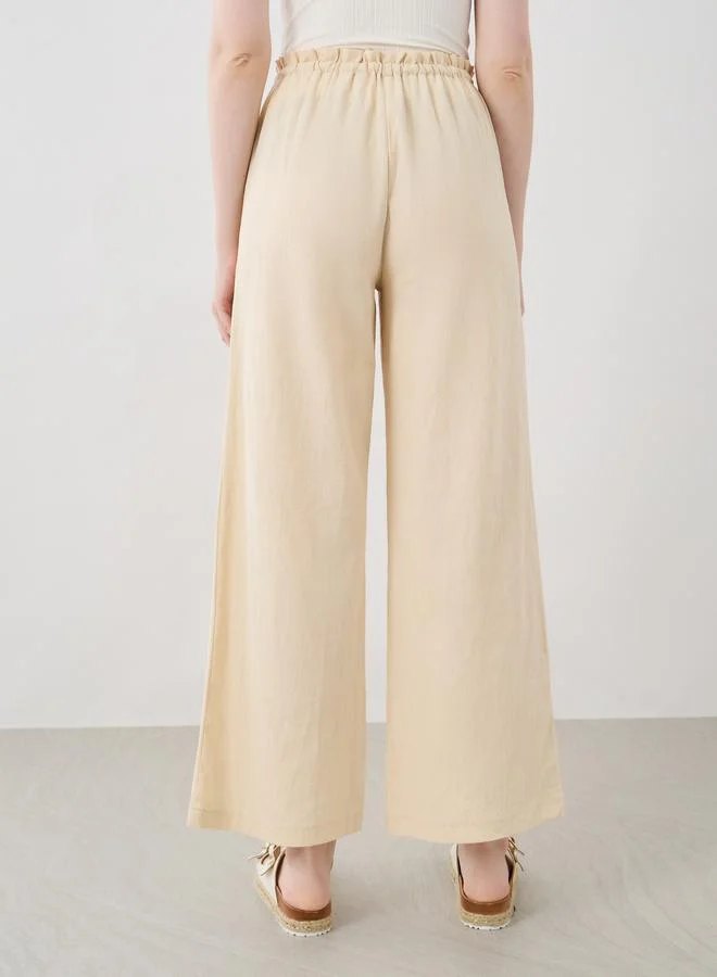 Take Two Take Two Women Beige Solid Drawstring Waist Wide Leg Pants with Patch Pockets