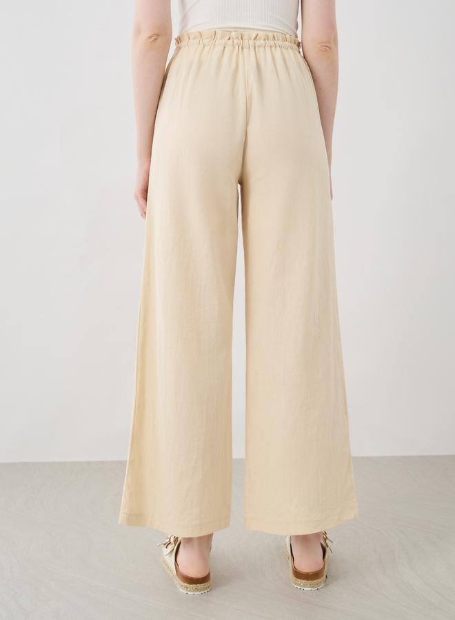Take Two Take Two Women Beige Solid Drawstring Waist Wide Leg Pants with Patch Pockets  - Image 4