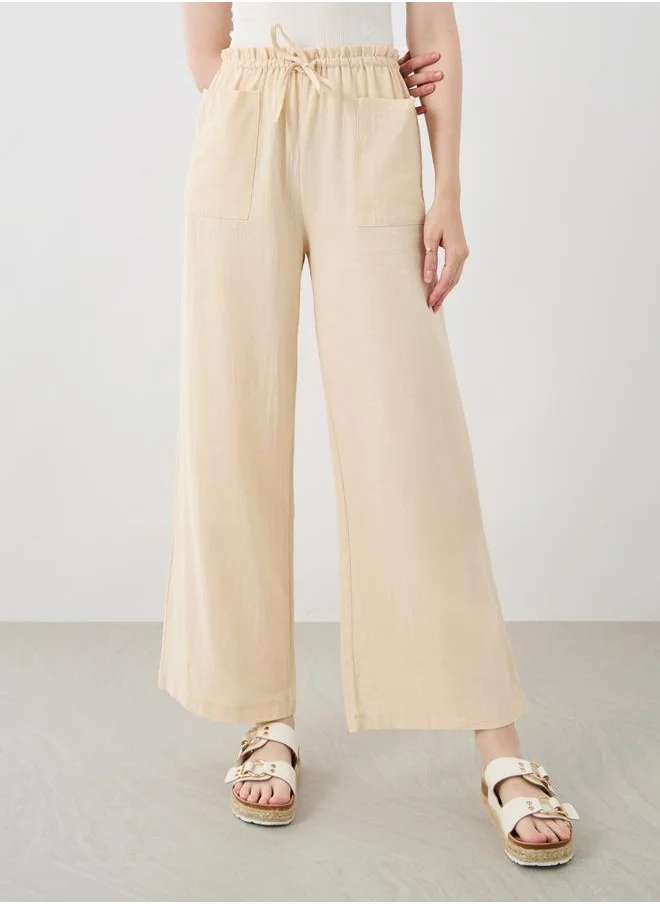 تايك تو Take Two Women Beige Solid Drawstring Waist Wide Leg Pants with Patch Pockets