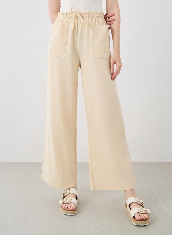 Take Two Take Two Women Beige Solid Drawstring Waist Wide Leg Pants with Patch Pockets  - Image 2