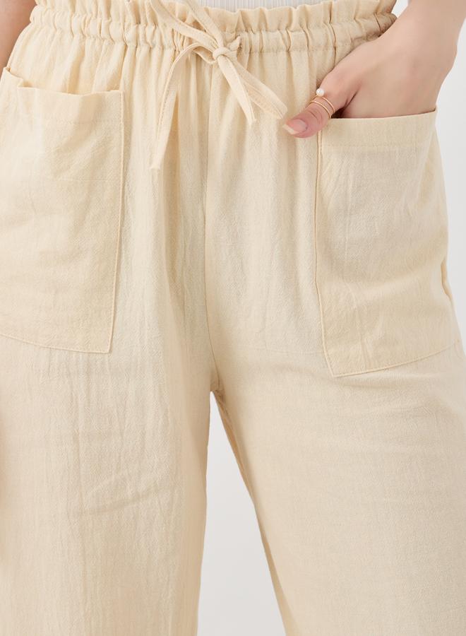 Take Two Take Two Women Beige Solid Drawstring Waist Wide Leg Pants with Patch Pockets  - Image 3