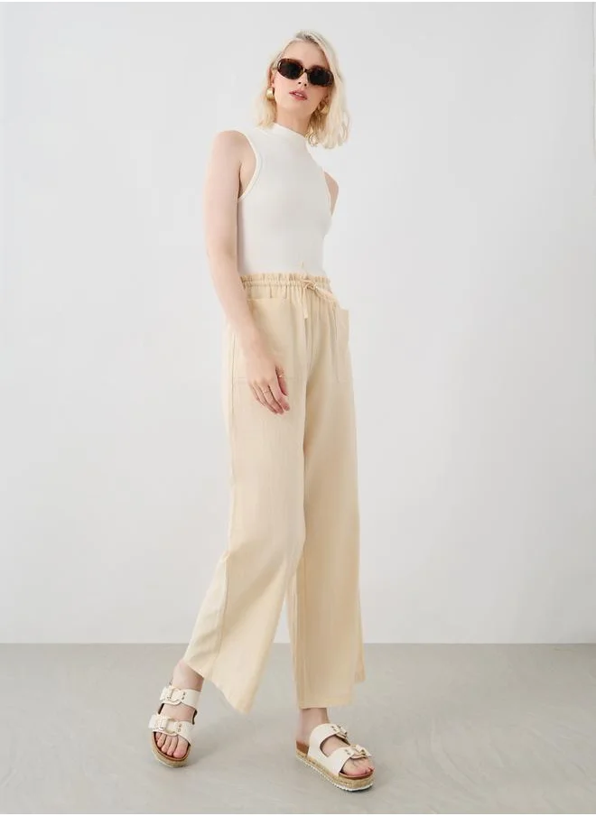 تايك تو Take Two Women Beige Solid Drawstring Waist Wide Leg Pants with Patch Pockets