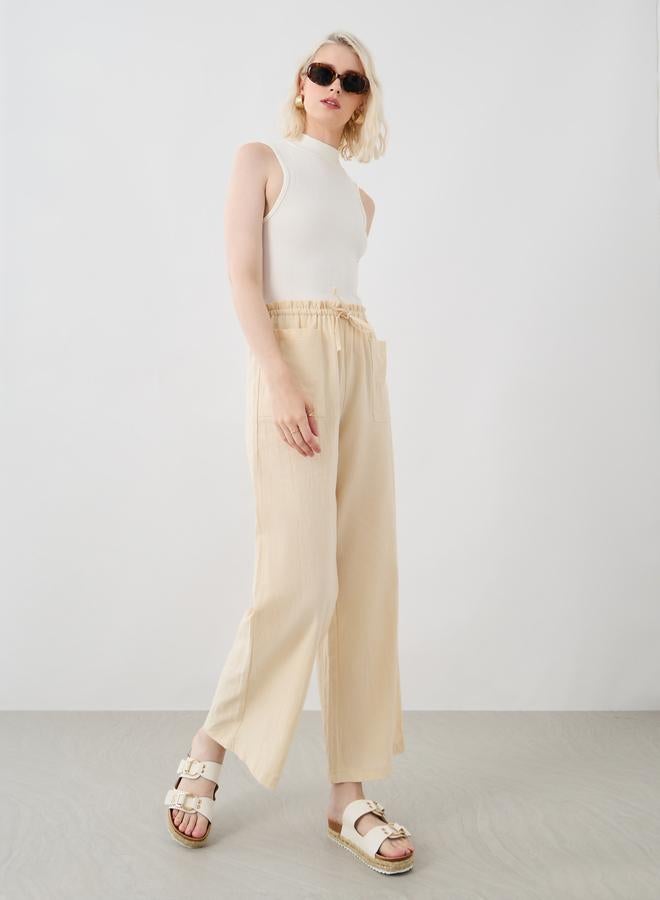 Take Two Take Two Women Beige Solid Drawstring Waist Wide Leg Pants with Patch Pockets  - Image 1