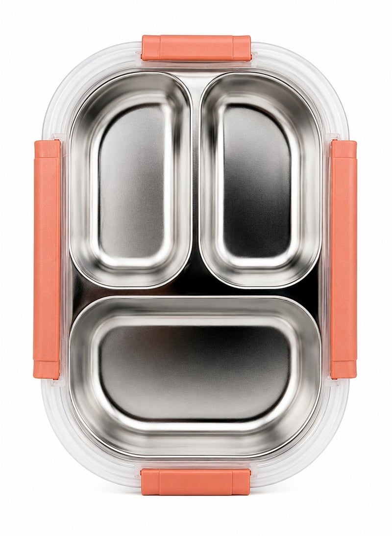 ZAICA 700ml Stainless Steel Lunch Box with 3 Compartments, Leakproof Bento Lunch Container with Secure Lock Lid for School, Office & Travel - Image 1