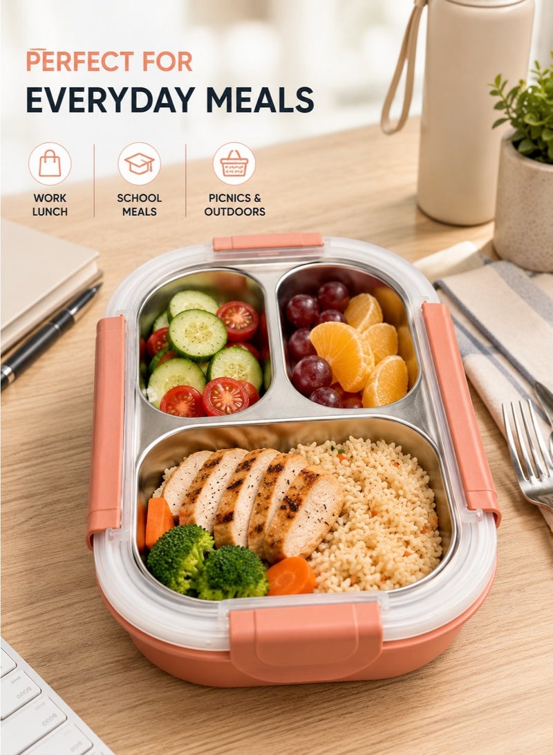 ZAICA 700ml Stainless Steel Lunch Box with 3 Compartments, Leakproof Bento Lunch Container with Secure Lock Lid for School, Office & Travel - Image 3