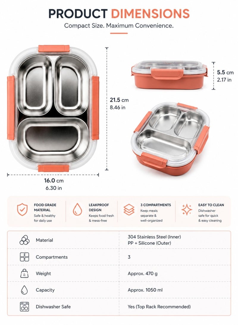 ZAICA 700ml Stainless Steel Lunch Box with 3 Compartments, Leakproof Bento Lunch Container with Secure Lock Lid for School, Office & Travel - Image 4