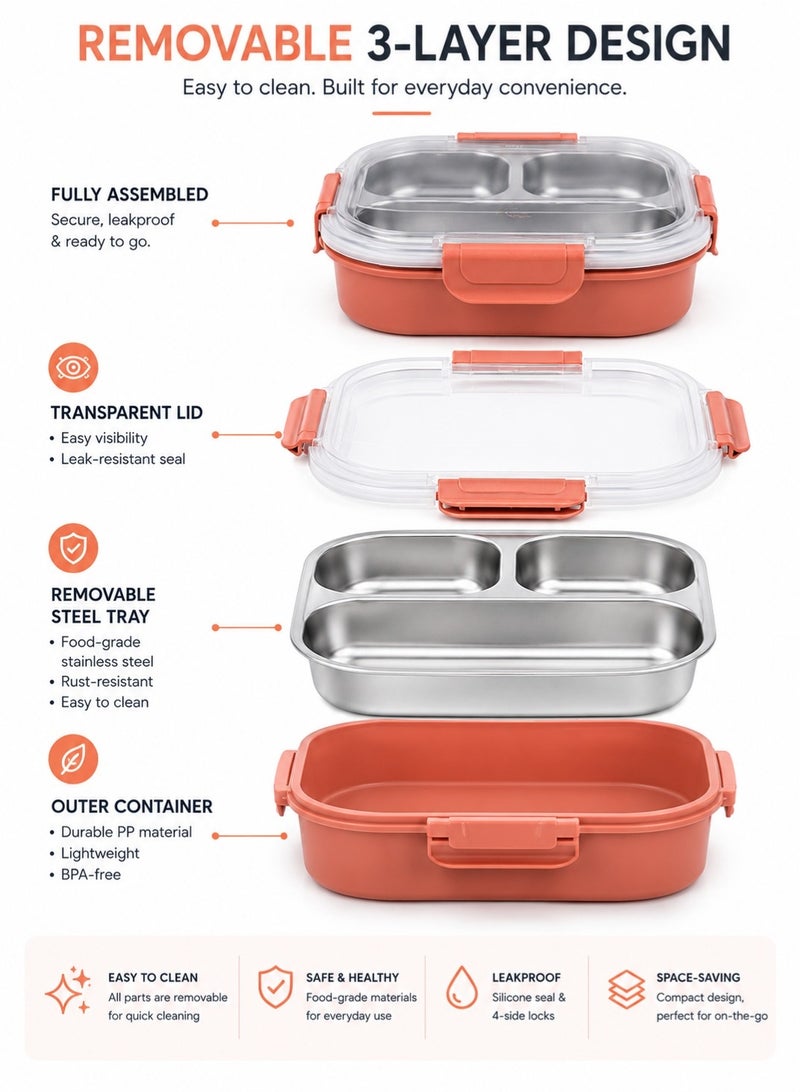 ZAICA 700ml Stainless Steel Lunch Box with 3 Compartments, Leakproof Bento Lunch Container with Secure Lock Lid for School, Office & Travel - Image 5