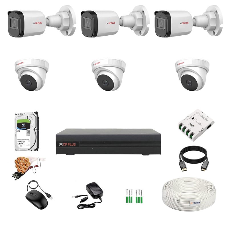 Clocite CP Plus 2.4MP 8 Channel DVR, 2.4MP 3 Dome & 3 Bullet Cameras (Audio Recording) [Night Vision + Built-in MIC Audio + Crystal IR LEDs + Motion Detection] + 2 TB HDD + 8 CH SMPS + CCTV Cable + BNC/DC - Image 1