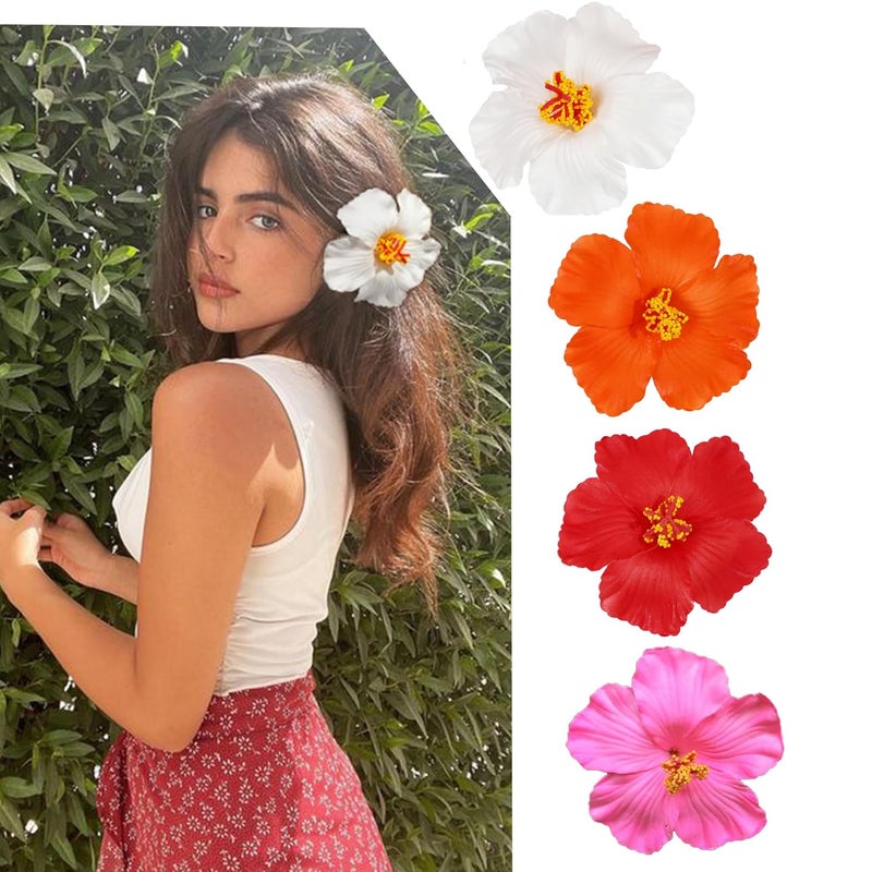 4Pcs Hawaiian Womens Hair Accessories  Artificial Hibiscus and Plumeria Flower Clips for Beach Party Vacation Favors