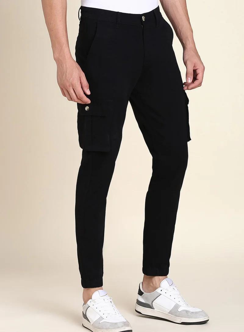 Dennis Lingo  Men's Black Cotton Blend Solid Full Length Chinos Tapered Fit Trouser for Men | Best Price UAE