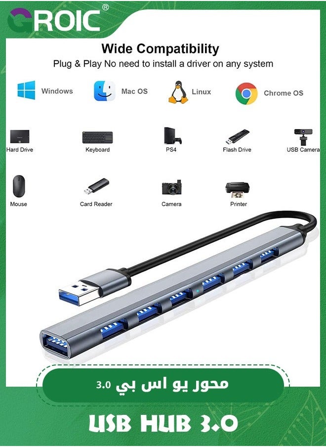 GROIC 7 Port USB 3.0 Hub with 5.3 Inch Cable, Ultra-Slim Data Splitter, Aluminium Splitter for Laptop, Xbox, Flash Drive, HDD, Console, Printer, Camera,Keyborad, Mouse  - Image 3