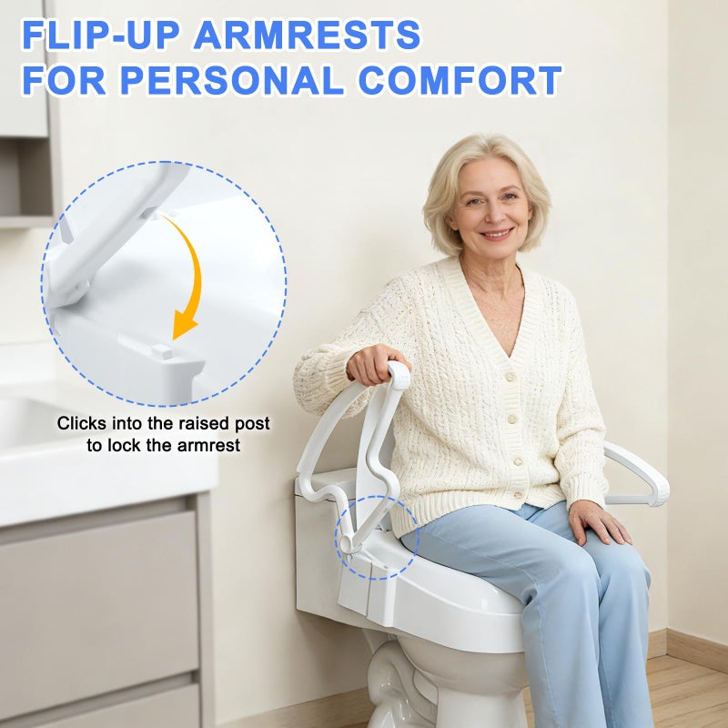 XIAOSHUNER Raised Toilet Seat with Handles, Adjustable Height, Add 5.5 inches,Elongated Toilet Seat Risers for Seniors,Non-Slip Removable Padded Arms, 300lbs, Fit Any Toilet, White - Image 3
