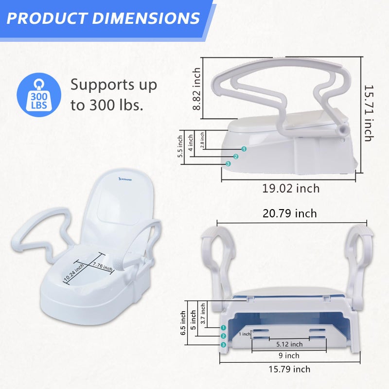XIAOSHUNER Raised Toilet Seat with Handles, Adjustable Height, Add 5.5 inches,Elongated Toilet Seat Risers for Seniors,Non-Slip Removable Padded Arms, 300lbs, Fit Any Toilet, White - Image 4