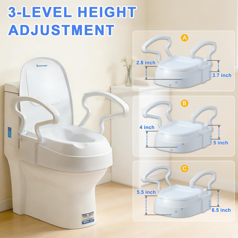 XIAOSHUNER Raised Toilet Seat with Handles, Adjustable Height, Add 5.5 inches,Elongated Toilet Seat Risers for Seniors,Non-Slip Removable Padded Arms, 300lbs, Fit Any Toilet, White - Image 2