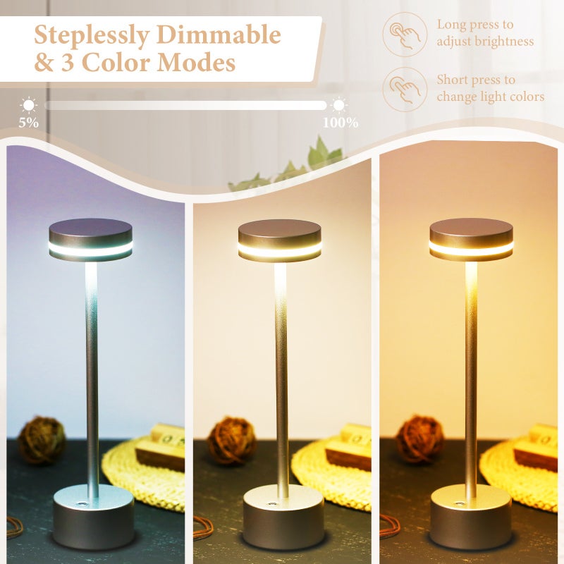 Neoglint LED Cordless Table Lamp Metal Bedside Nightstand Lamp Touch Control Stepless Dimmable 3 Light Colors 4000mAh Rechargeable Desk Lamp Night Light for Bedroom Dining Room Bar Restaurant Coffee - Image 4