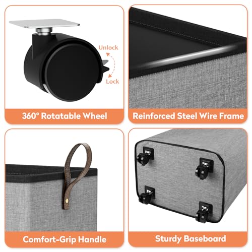 SpaceTrove Laundry Basket with Wheels, Collapsible Laundry Baskets, Laundry Hamper with Handles Detachable Wheels, Rolling Laundry Basket, Dirty Clothes Hamper for Bathroom, Dorm, Bedroom, Grey, 100L - Image 5