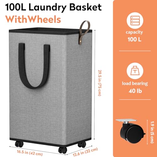 SpaceTrove Laundry Basket with Wheels, Collapsible Laundry Baskets, Laundry Hamper with Handles Detachable Wheels, Rolling Laundry Basket, Dirty Clothes Hamper for Bathroom, Dorm, Bedroom, Grey, 100L - Image 2