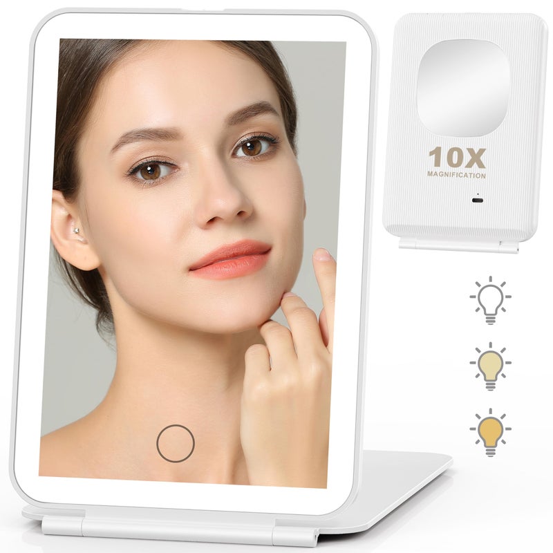 Auxmir Travel Mirror with Light 1X 10X Rechargeable Portable Magnifying Mirror Vanity Cosmetic Tabletop with 3 Color Lighting Dimmable with Touch Screen for Home and Travel