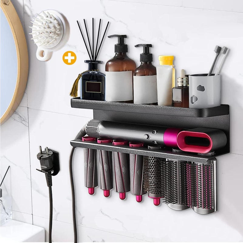 Yimerlen Airwrap Storage Holder Compatible with Dyson Airwrap Curling Iron Wall Mount Storage Rack Holder for Bathroom Attachments Organizer (Black, with Shampoo Comb) - Image 1